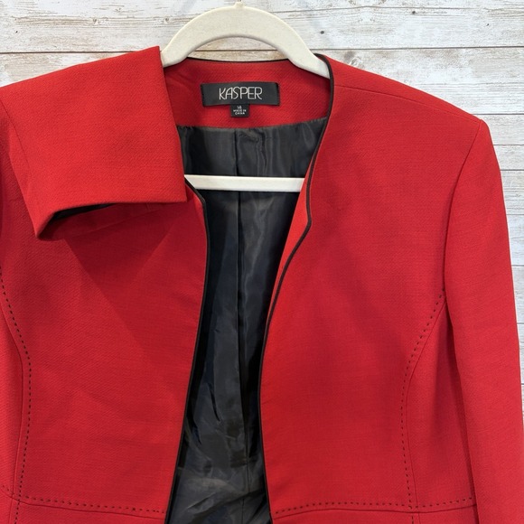Kasper Jackets & Blazers - Kasper Womens 14 Blazer Red Longline Jacket Black Pick Stitch Collarless Career